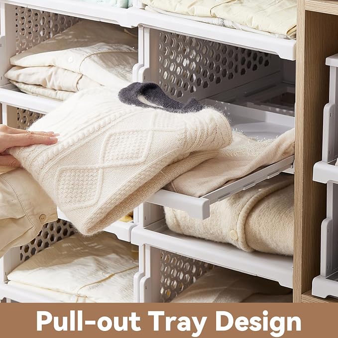 Pull-out Plastic Storage Basket with a Lid,Stackable Closet Organizers Drawer Anti-Tipping,Stable Shelf Container for Bathroom Laundry Room Storage, Space-Saving Clothes Storage (White Gray, L-4 pack)