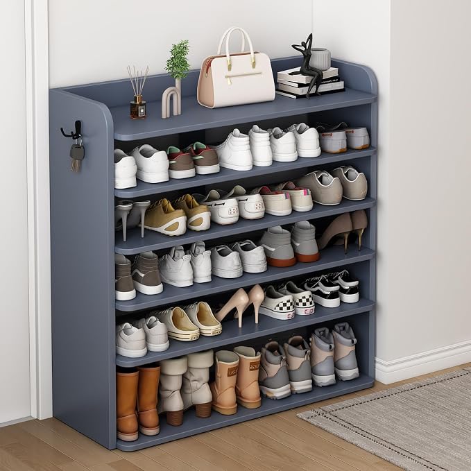 5 Tier Shoe Rack, Wooden Shoe Storage Cabinet, Large Capacity Tall Shoe Shelf Free Standing Shoe Rack Organizer for Closet Entryway Garage Bedroom, Gray