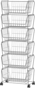 PUSDON Stackable Metal Storage Carts, Dual Use Shelf for Kitchen Fruit Vegetable Baskets with Wheels, Storage Rack for Living Room, Home & Office, Standard Silver Grey 6 Tiers