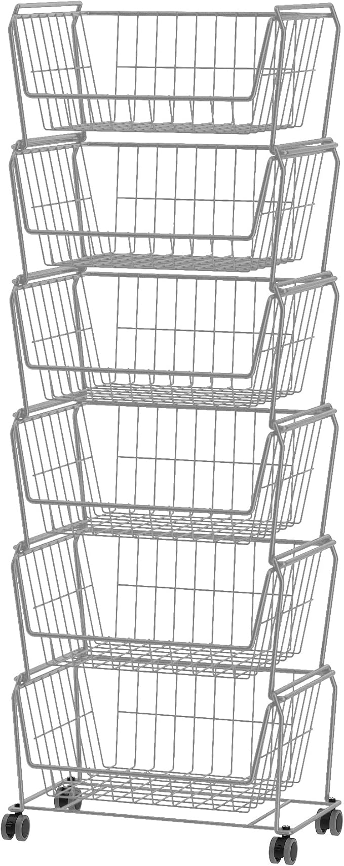 PUSDON Stackable Metal Storage Carts, Dual Use Shelf for Kitchen Fruit Vegetable Baskets with Wheels, Storage Rack for Living Room, Home & Office, Standard Silver Grey 6 Tiers
