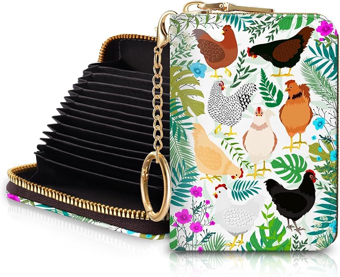 Blusabaca Women's RFID Wallet, Chicken Small, Leather, Waterproof, RFID-Blocking, 12 Card Slots, 2 Coins | Removable Keychain, Case with Zipper, Vegan PU Leather, Cash Coin Pocket, Business Accordion Purse, Ladies Female Gift