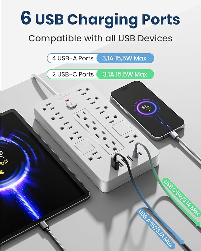 JouleLoom Surge Protector Power Strip-14 Outlets and 6 USB Ports, 20 Feet Flat Plug Extension Cord, 1850 Joules, White, ETL Listed for Home, Office, Dorm Room