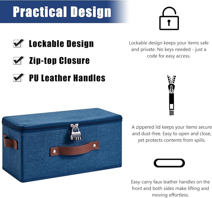 2PCS Storage Bins Box with Zipper Lid Combination Lock PU Leather Handles Cotton Linen Fabric Lockable Basket DVD CD Case Foldable Closet Shelf Organizer Container (Deep Blue, 13"x 6"x 6")