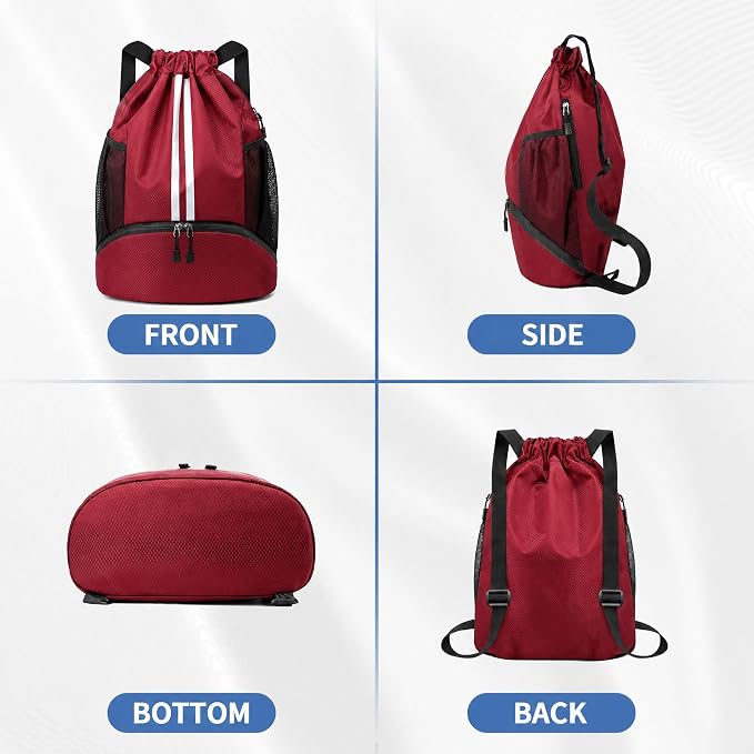 JELUTAR Drawstring Backpack Gym Bag with Shoes Compartment, Burgundy | Water-Resistant String Backpack for Soccer, Basketball, Swim, Beach Cinch for Women Men,18 L Large Capacity, Wet Pocket
