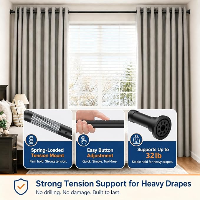 ALLZONE Tension Curtain Rod for Windows, 123 to 160 Inch, Heavy Duty Extra Long Curtain Rods, Non-Slip Bathroom Shower Tension Rod, Renter Friendly, Adjustable, Spring Loaded, Black