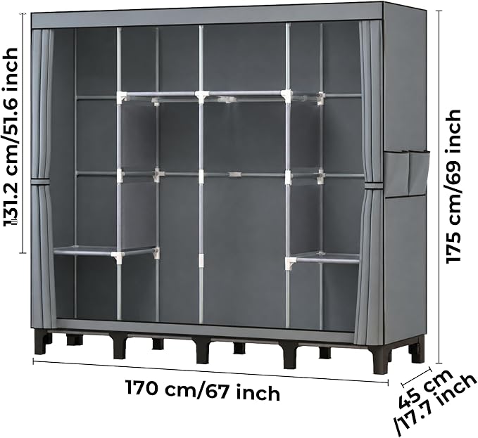 Portable Closet Wardrobe Closet for Hanging Clothes with 3 Hanging Rods for Bedroom, Non-Woven Fabric Clothes Closet for Living Room Easy Assemble (Gray, 4 Columns, 67 inch Width)