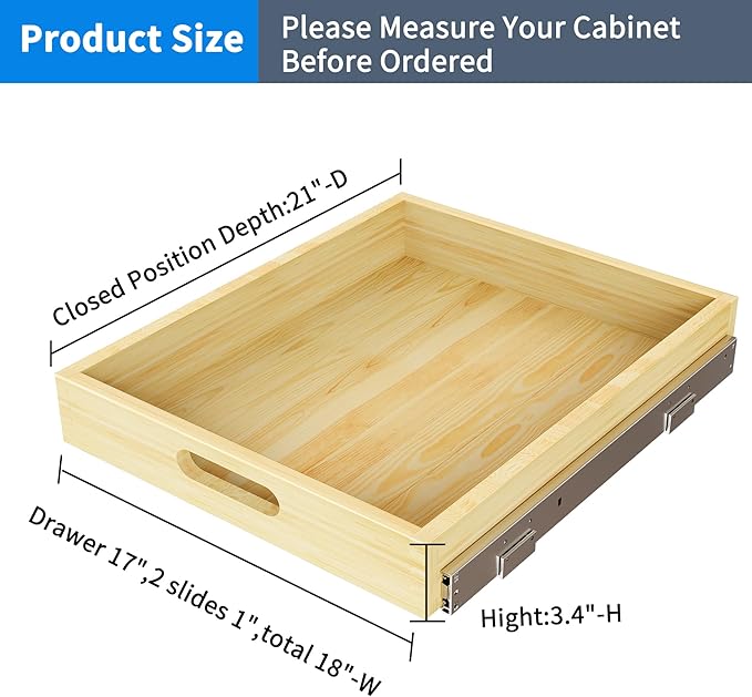 2 Set Pull Out Cabinet Organizer, Soft Close Slide Out Wood Drawer Storage Shelves for Kitchen, Base Cabinet Organization for Pantry, Finished, Heavy-Duty, Bottom Assembly (18” W x 21” D)