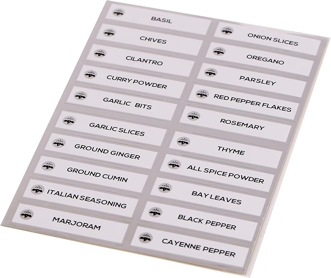 Orii Spice Labels, Silver/White, 40 Preprinted + 20 Blank (60 Total) | Kitchen Jar Label Combo Tags, Pantry Ingredients Organization, Spice Rack Organization