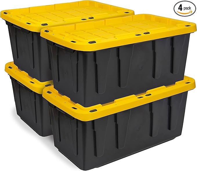 BLACK & YELLOW 17-Gallon Heavy Duty Storage Bins with Lids, Stackable Plastic Storage Bins, Dorm Room Essentials, Moving Boxes, Back to School, Classroom Organization, Home Organization, 4 Pack (12.5H x 18W x 26.9D)