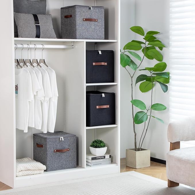 2PCS Storage Cubes with Zippered Lids Fabric Storage Bins Boxes | with 3 PU Leather Handles Cotton Linen Decorative Foldable Washable Lidded Shelf Closet Organizer Container (Gray, 11 Inch)
