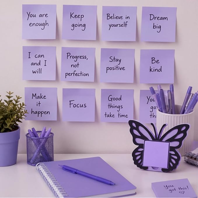 Purple Butterfly Sticky Note Holder Large Wood Notepad Dispenser 3 x 3 Sticky Notes Organizer Cute Self Stick Memo Pad Holder for Desk Office Back to School Gift, No Pads Included