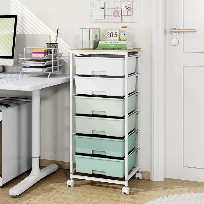 Rolling Storage Cart with 6 Drawers and Wooden Tabletop, Lockable Wheels Utility Cart for Art Studios, Office Supplies & Craft Room Organization (Green)