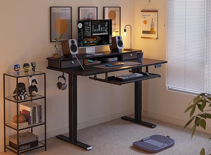CubiCubi 48" x 24" Standing Desk with Drawers and Keyboard Tray, Electric Height Adjustable Workstation, Computer Sit Stand Up Office Table with Large Monitor Shelf, Black
