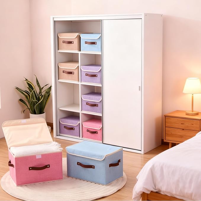 Storage Boxes with Lid Cotton Linen Fabric Storage Bins Organizer Container Decorative Collapsible Washable Shelf Baskets Faux Leather Handles for Home Bedroom Closet (Light Blue, Large)