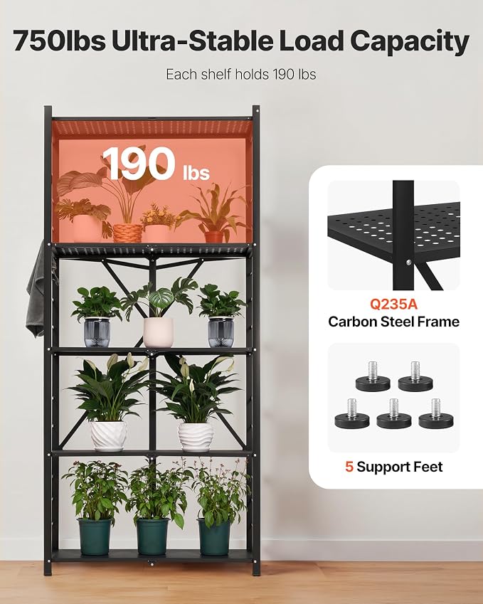 VEVOR 5-Tier Foldable Storage Shelf, 32W x 14D x 72H Inch Folding Metal Rack Shelving Unit, Heavy Duty No Assembly Organizer Shelf with 5 Wheels & 4 Hooks for Pantry, Kitchen, Garage, Basement, Black