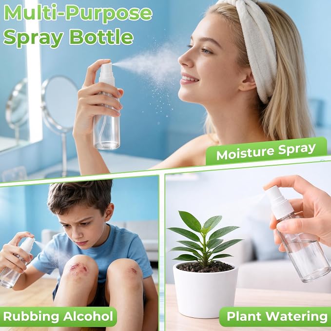 JTIEO 6 Pack 2oz(50ml) Small Glass Spray Bottle, Mini Travel Size, Clear Fine Mist Refillable Bottle for Essential Oils, Perfume, Face, with Funnel, Pipette, 6 Spray Heads and 12 Waterproof Labels.