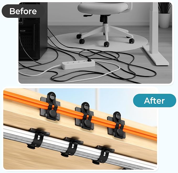 Kanemc 20PCS Cable Management Kit Adhesive Cable Clips | 20 Adjustable Cable Holders,20 Zip Ties,20 Screws&10 Extra Cable Straps, Cord Organizer for Home Office Under Desk Behind TV