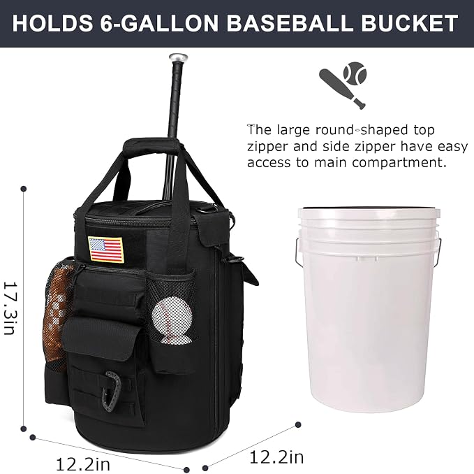 Baseball Bucket Bag 6 Gallon Tactical Softball Coaches Bag with Padded Seat | Baseball Bucket Cover Organizer for Training Equipment, Balls, Bat, Gloves, Scoreboards, with Shoulder Strap