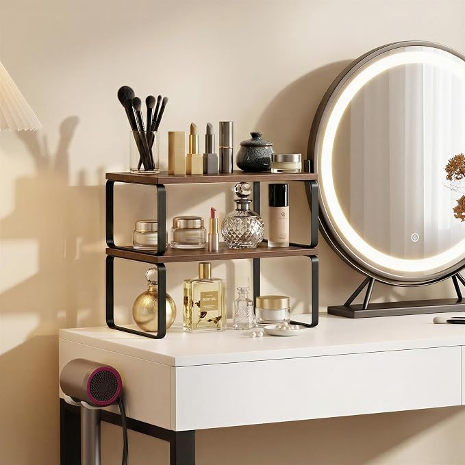 HOOBRO Cabinet Organizer Shelf, Set of 4 Kitchen Counter Shelves, Expandable Kitchen Storage, Stackable Bamboo Spice Rack, for Kitchen, Countertop, Office Desk, Bathroom, Mocha and Black CB30TLP201