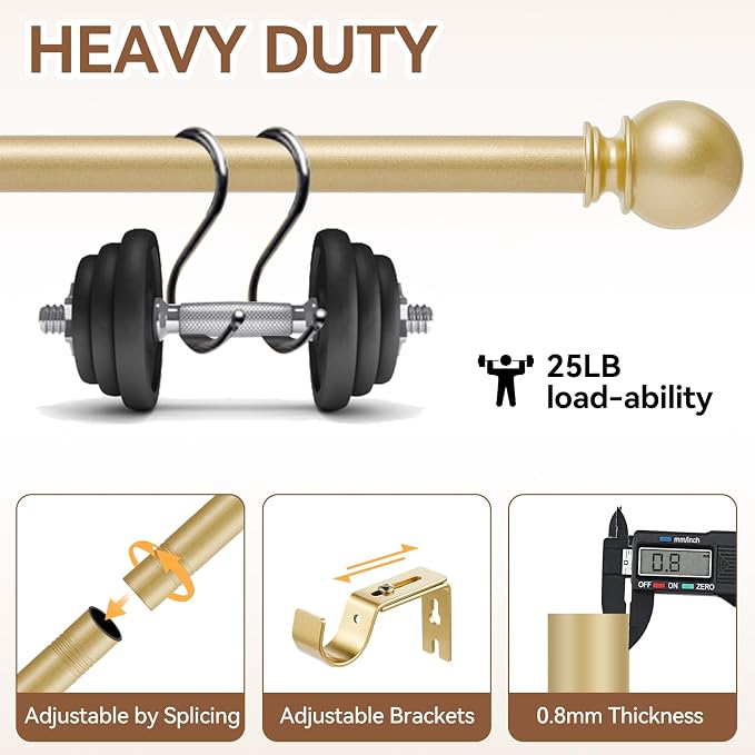 Gold Curtain Rod for Windows 28 to 48 Inch, 5/8 Inch Diameter Heavy Duty Splicing Adjustable Curtain Rods With Brackets, Easy to Install, Suitable for Bedroom, Patio and Outdoor
