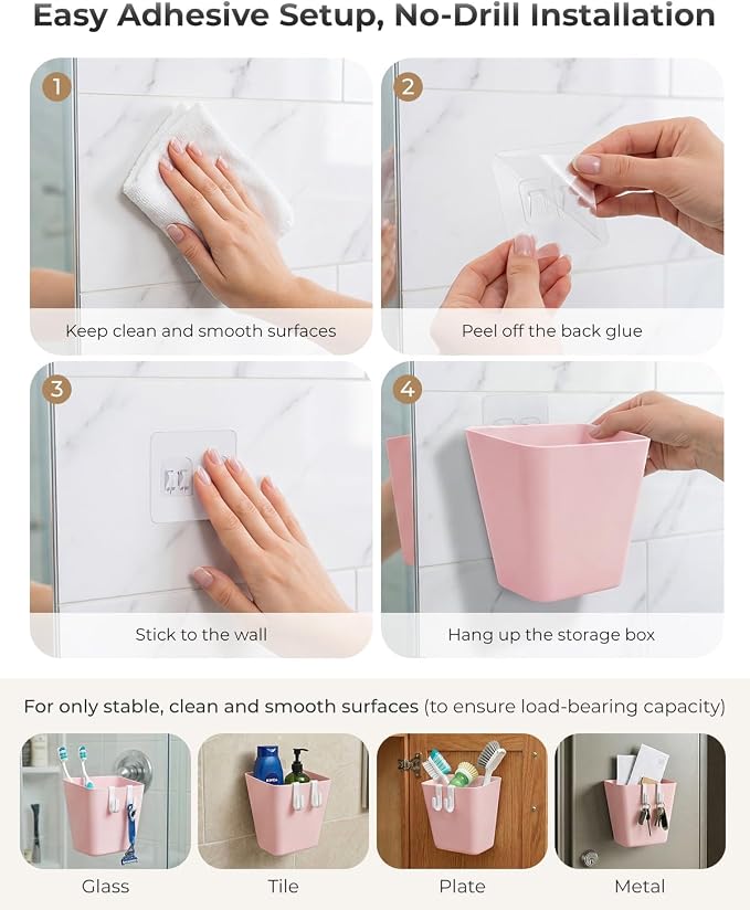 4 Pack Rolling Cart Accessories, Pink Craft Cart Cup Holder and 6 Hooks for Utility Carts, Adhesive Kitchen Cabinet Door Storage, Space-Saving Wall Mount Organizer for Bathroom, Office, Makeup