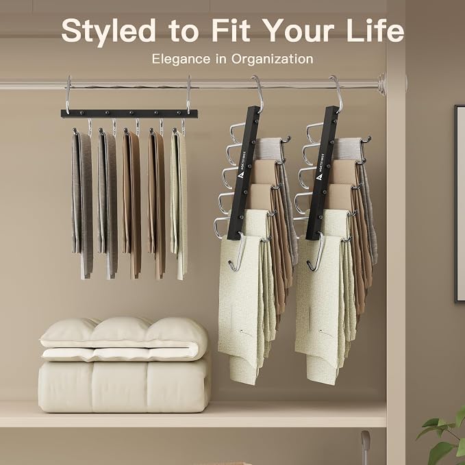 Closet Organizer Hangers Space Saving 6 Pack - 5-Tier Pants Hanger for Jeans, Shorts & Skirts | Vertical Storage Solution | Heavy Duty Black Finish
