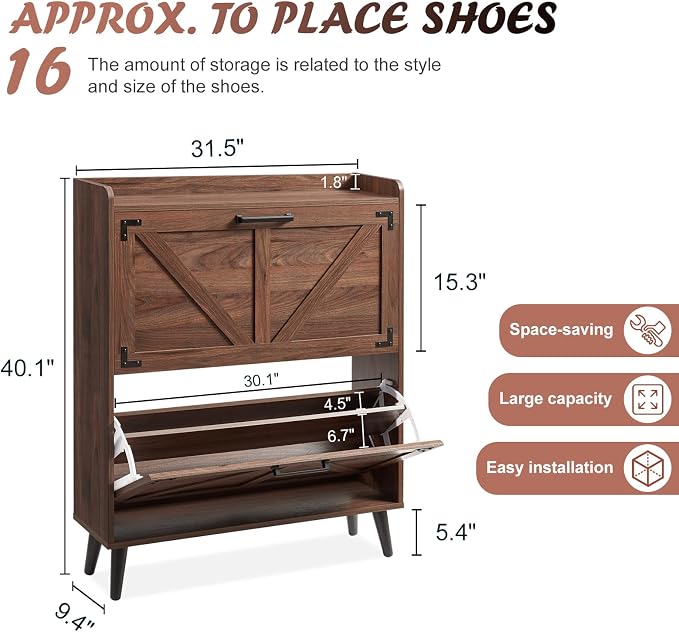 Barnyatoh Shoe Storage Cabinet with 2 Flip Drawers, Farmhouse Hidden Shoe Organizer, Narrow Slim Shoe Rack Cabinet for Entryway Hallway,Walnut
