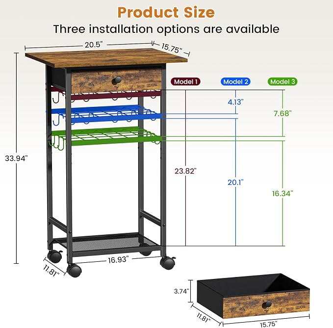 Microwave Cart, 4-Tier Microwave Stand with Adjustable Shelf | Kitchen Storage Cart on Wheels, Coffee Bar Cart Shelf for Living Room, Kitchen Island, Office, Balcony, Rustic Brown