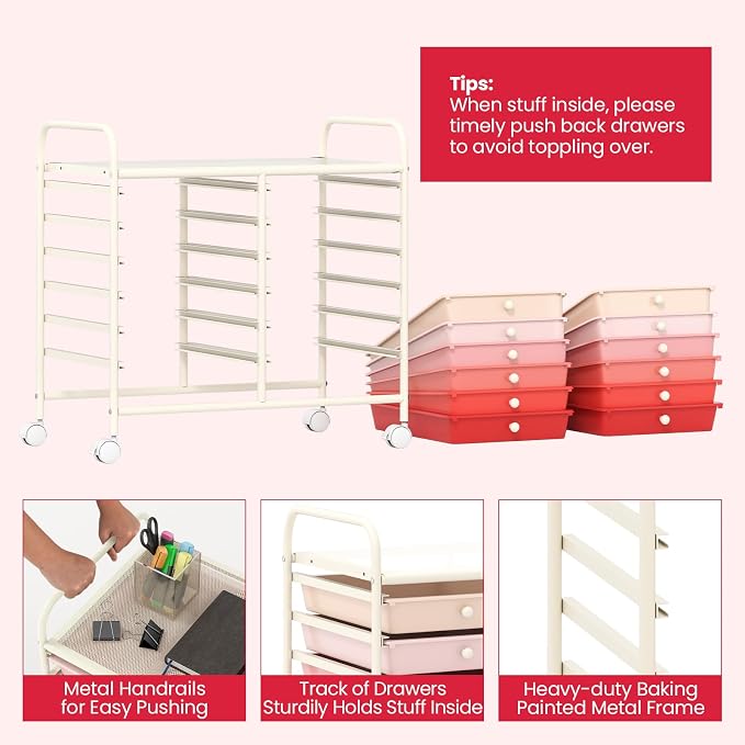 LDAILY 12 Drawer Rolling Storage Cart, Craft Cart Organizer on Wheels w/Metal Frame, Large Capacity & Smooth Drawer, Rolling Cart w/Drawers for Classroom, Office