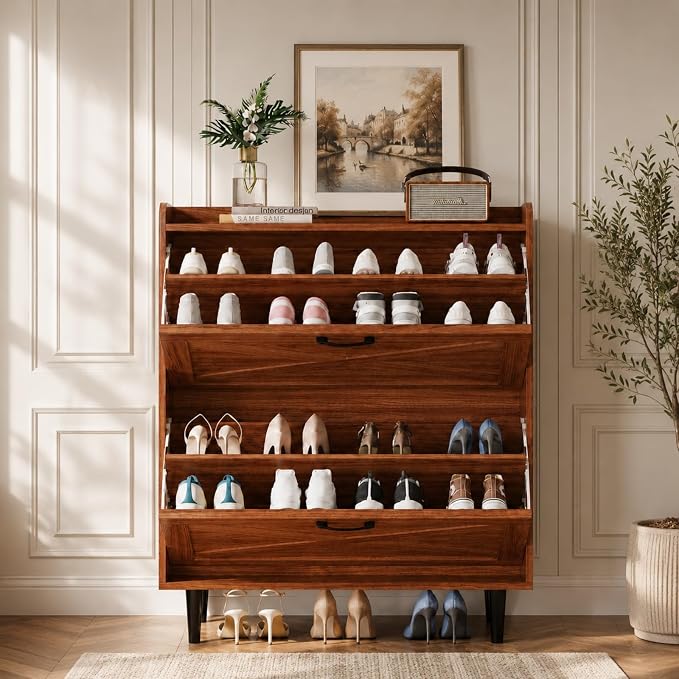 VINGLI Shoe Storage Cabinet for Entryway with 2 Flip Drawers, Ultra Slim Freestanding Entryway Shoe Organizer with Wood Tapered Legs,Hidden Closed Shoe Rack,31.6" W * 9.4" D * 39.4" H, Walnut