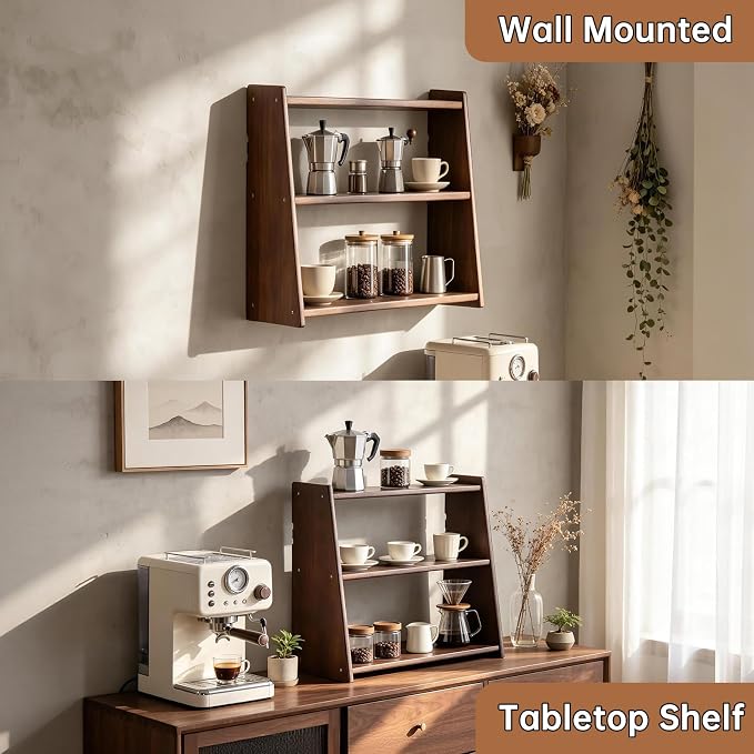 100% Solid Wood Coffee Station Organizer, Countertop Organizer | 3 Tier Spice Rack, Kitchen & Bathroom Counter Organizer, Water Proof Rustic Display Shelf for Mug, Makeup, Trinket, perfume