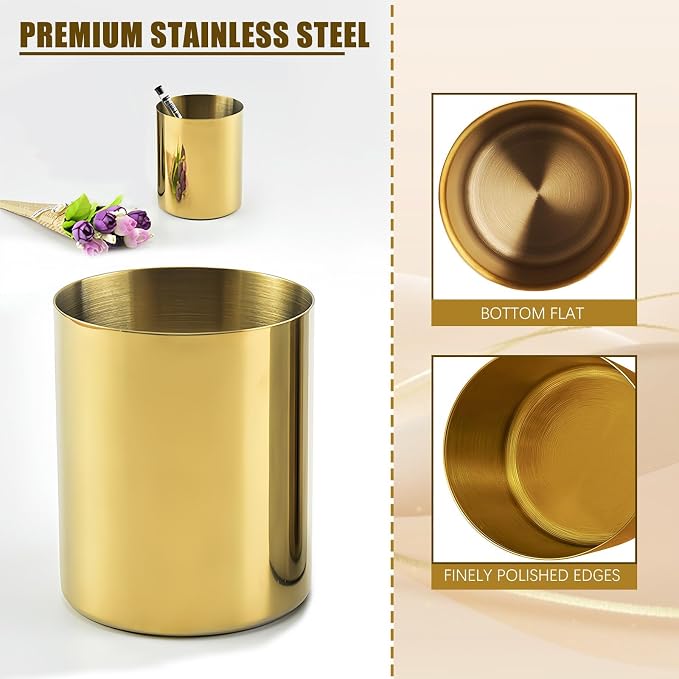 Gold Pen Holder for Desk, 3.9 Inch Stainless Steel Gold Pencil Holder & Pencil Cup, Pen Cup and Makeup Brush Organizer for Office Desk, Vanity, Home Decor