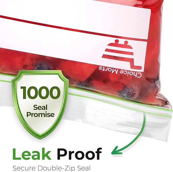 Quart Size Freezer Bags – 150 Count, Resealable, Extra Strong 2 Mil Leak Proof Double Zipper Clear Stand Up Food Bags