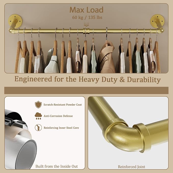 Wall Mounted Clothes Rack, Industrial Pipe Clothing Rack 36 Inch Gold, Wall Clothes Hanger for Bedroom, Cloakroom, Closet, Hallway, Boutique Display, Drying Racks Wall-Mount for Laundry