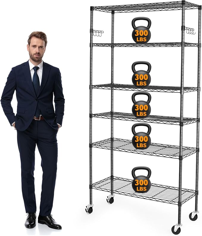 BolDuck 6 Tier Storage Shelves with Wheels, 2100lbs Capacity Heavy Duty Shelving Units, 14x36x75inch Adjustable Metal Shelf Wire Shelving Rack for Garage, Kitchen, Office, Black