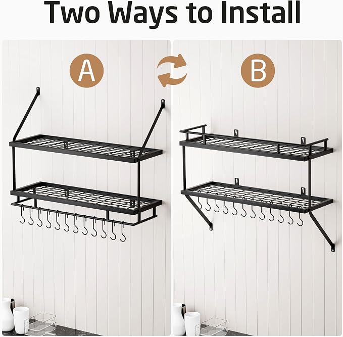 KES 30-Inch Kitchen Pot Rack - Mounted Hanging Rack for Kitchen Storage and Organization - Matte Black 2-Tier Wall Shelf with Guard Rail for Pots and Pans Organizer with 12 Hooks - KUR215S75B-BK