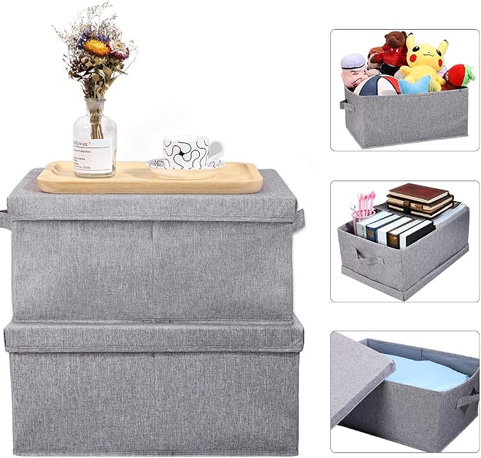 HOONEX Linen Foldable Storage Bins with Lids, 2 Pack, Storage Boxes with Carrying Handles and Sturdy Heavy Cardboard, 16.5" L x 11.8" W x 7.5" H for Shoes, Books, Clothes, Light Grey