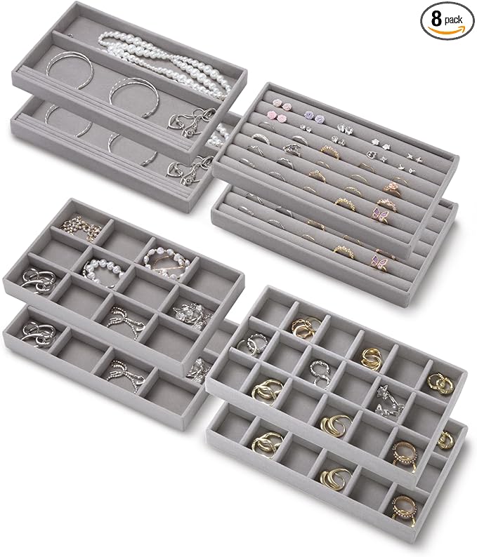 Jewelry Organizer Trays Set of 8,Velvet Jewelry Tray Stackable Storage Drawer Trays for Earring Ring Necklace Jewelry Display Case(8 Set,Gray)
