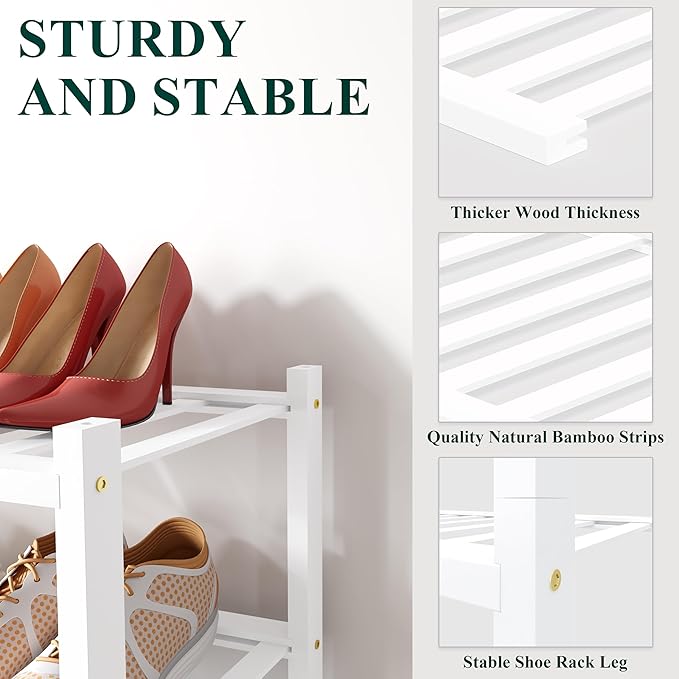 Smiry Bamboo Shoe Rack for Closet, 6 Tier Small Wooden Shoe Organizer, Stackable Wood Shoe Storage Shelf for Entryway, 14 Vertical Slats, 3+3 Stack Heavy-Duty Legs, 17.32"x11.02"x36.61", White