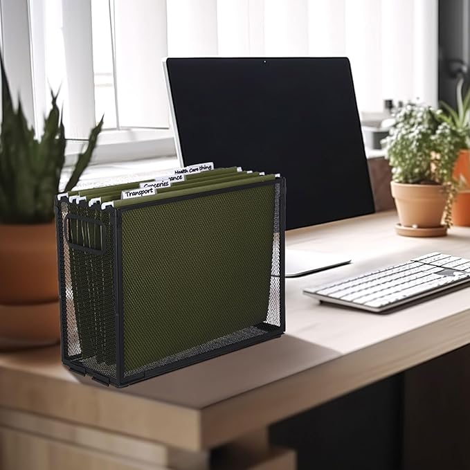 2 Pack Hanging File Holder, 10 Hanging Folders, Metal Mesh, Letter Size Folder Storage, Desktop Storage Cabinets, Office School Document(Green,Small)
