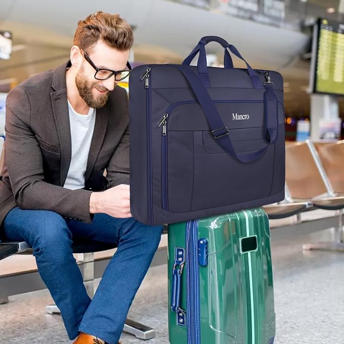 Mancro Carry On Suit Garment Bags, Travel Luggage Bag for Men Women, Blue | Waterproof Foldable Garment Bag with Hanging Compartment to Help Reduce Wrinkles, Suit Bag with Adjustable Shoulder Strap