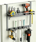 Over Door Tool Organizer, Heavy Duty Utility Rack with 3 Slots, 2 Hooks and 1 Basket, Power Tool & Garden Tool Storage for Garage, Workshop, Warehouse, Fits Brooms and Mops - Grey