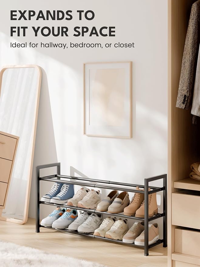 Bumusty 3-Tier Expandable Shoe Rack for Closet, 18“-33” Adjustable Shoe Rack for Small Space, Small Shoe Organizer for Front Door, Sturdy Metal, Black