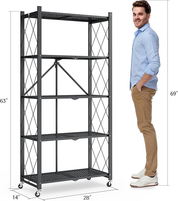 Fenbeli 5 Tier Storage Shelf with Wheels - Metal Collapsible Shelving Unit Display, Heavy Duty Folding Shelves, No Assembly Organizer Rack for Garage Kitchen, Basement, Pantry (Black, 5 Tier)