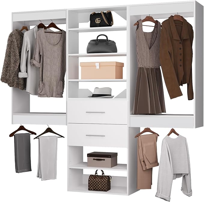 ROOMTEC Modular Closet System, 78" Wall Mounted Closet Organizer with Hanging Rods and Drawers, Wooden Tower for Walk-In Closets, Wardrobe Storage Kit, White