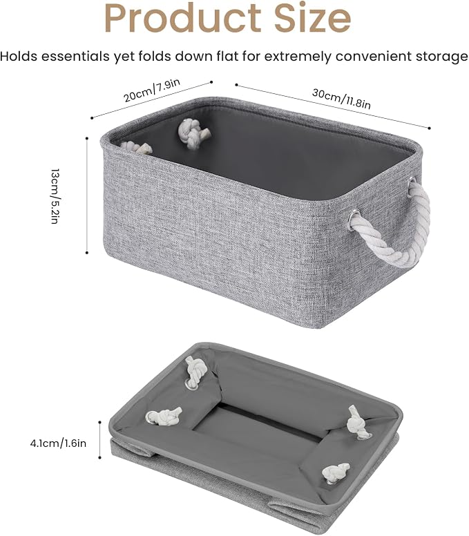 Storage Baskets for Shelves 11.8x7.9x5.2 Inch, Foldable Fabric Storage Bins with Handles, Small Storage Baskets for Organizing Closet, Office, Home Organization (3-Pack, Gray)