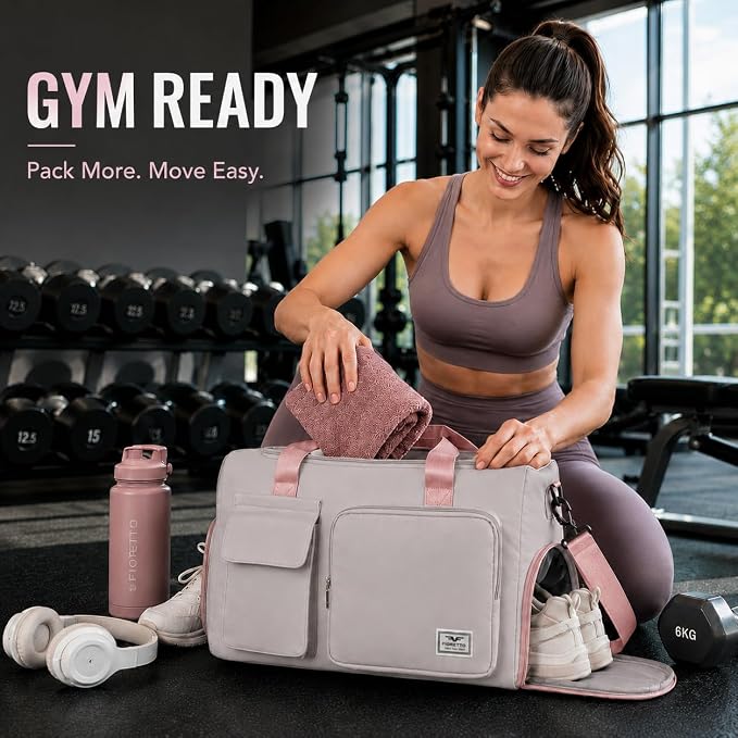 FIORETTO Women's Gym Duffle Bag with Shoes Compartment, 30L Capacity, Ideal for Travel, Gym, Sports, Duffel, Weekender