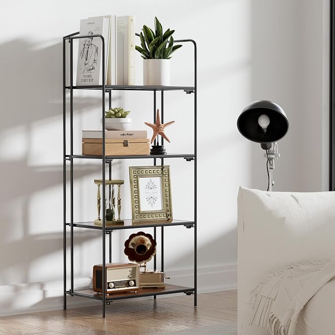 Crofy 4-Tier Foldable Bookshelf, Black Frame & Walnut Shelves | No-Assembly Collapsible Portable Storage Organizer; Sturdy Walnut Finish Shelves; Ideal for Living Room & Home Office