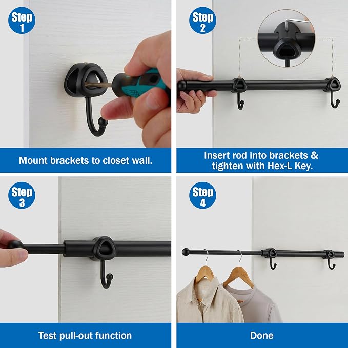 Valet Rod for Closet Pull Out with Hooks, Easy To Install (Black, 14 Inch)