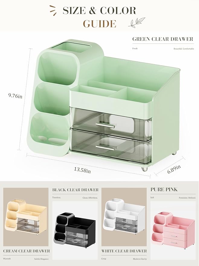 Makeup Organizer with Drawers,Large Capacity Countertop Organizer for Vanity,Bathroom and Bedroom Desk Cosmetics Organizer,Easy To Storage Skincare,Brushes,Lotions (Green)